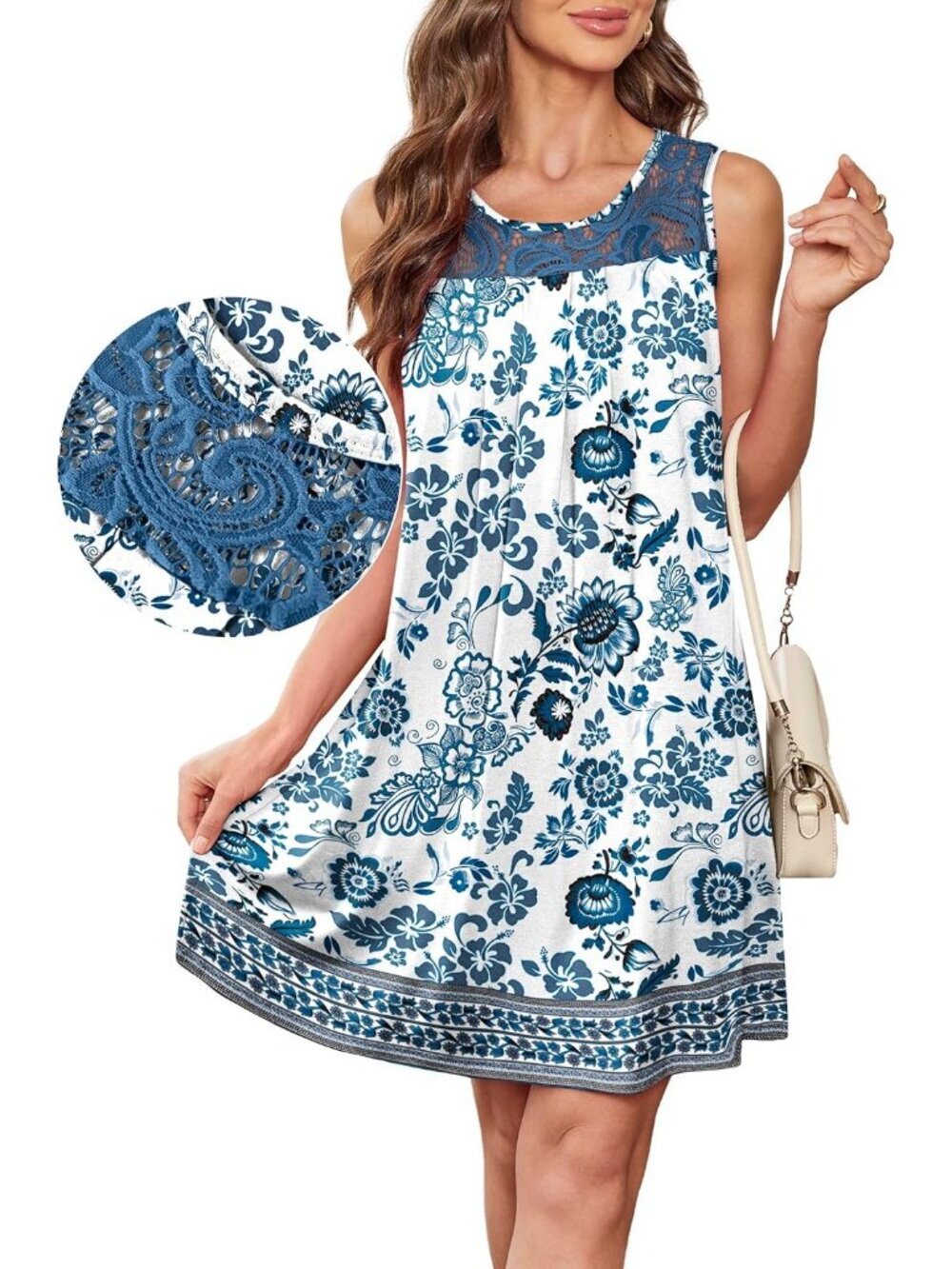 Women's Floral Blue Cover Up Sleeveless Summer Lace Crewneck Sundress Mini Dress - Picture 3 of 5